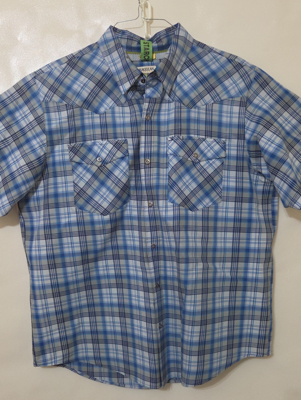 Magellan‎ Men's Blue Plaid Short-Sleeve Snap Button Vented Shirt - Size XL